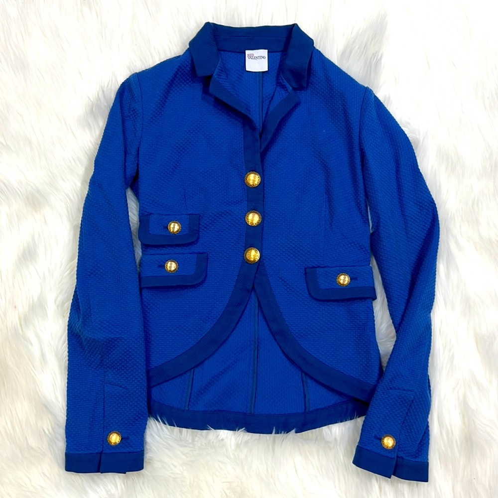 Red Valentino blue gold button cropped jacket blazer